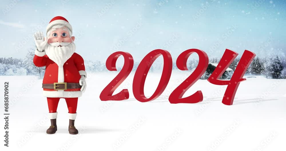 Happy Funny Santa Claus Waving His Hands. Joyful. Year 2024. Christmas And New Year 3D Animation Concept. Happy Funny Santa Claus Waving His Hands. Joyful. Year 2024. Christmas And New Year 3D Animation Concept.
