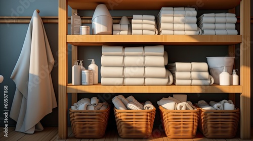 neatly arranged towels and cleaning products in a basket to create a feeling of order and cleanliness.