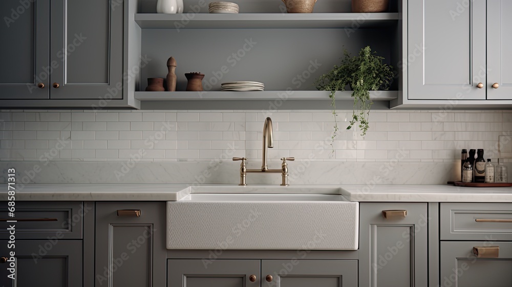 composition to capture the entire scene, including the sink, gray cabinets, white marble countertop and backsplash, and decorative elements. composition to capture the entire scene, including the sink, gray cabinets, white marble countertop and backsplash, and decorative elements.