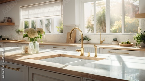 close-up of a shiny gold faucet, rectangular sink and marble countertop in a kitchen or bathroom © Светлана Канунникова