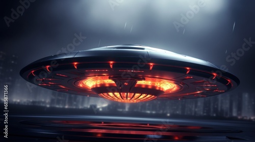 Mysterious UFO with radiant lights hovering over city under night sky. Futuristic alien spaceship ?lose up. Perfect for projects exploring extraterrestrial themes, science fiction and unknown. Sci-fi © Jafree