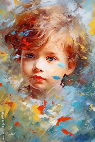 Portrait of cute kid. In style of impressionism and oil painting. Metaphorical associative card on theme of childhood. Psychological abstract picture. Postcard, wall decoration, book illustration