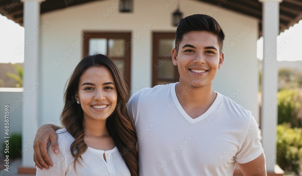 AI generated illustration of a cheerful couple standing in front of their home on a sunny day AI generated illustration of a cheerful couple standing in front of their home on a sunny day