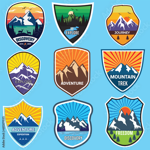 Set of 9 vintage mountain travel emblems. Camping outdoor adventure emblems, badges and logo patches. Mountain tourism, hiking. Forest camp labels in vintage style