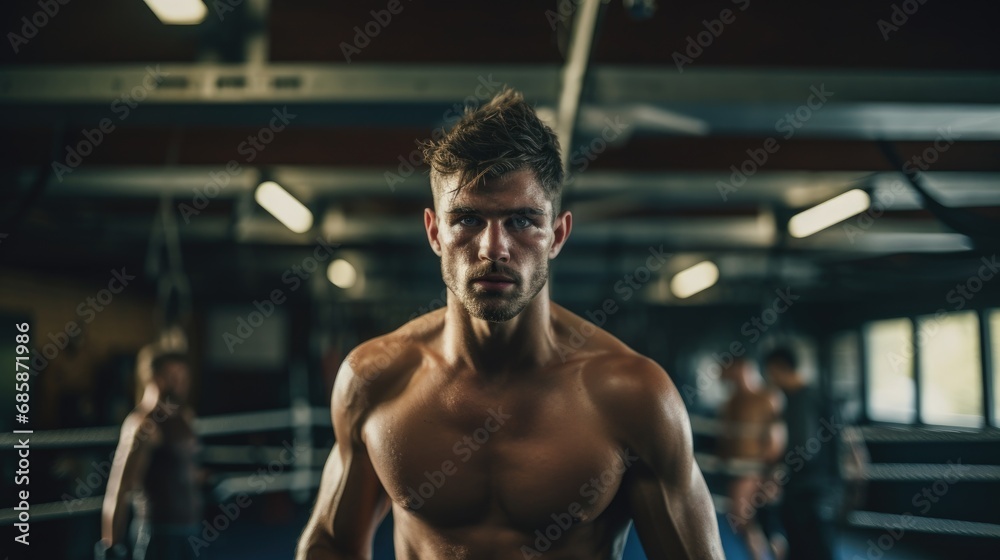 A determined male boxer with intense focus stands in a gym, poised and ready with his gloves up.