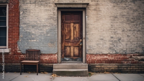 Classic wooden door with a weathered finish in a vintage brick and painted wall, accompanied by a wooden chair on a sidewalk. © Antonio