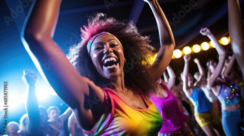 An exuberant woman dancing with joy at a vibrant, neon-lit disco party.