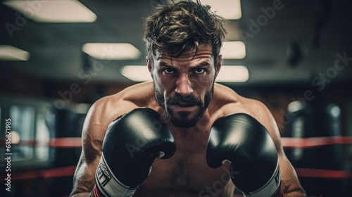 Intense male boxer training, focused and ready to fight, in a gritty gym setting. © Antonio