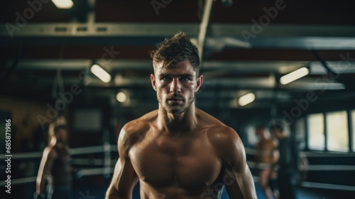 A determined male boxer with intense focus stands in a gym, poised and ready with his gloves up. © Antonio