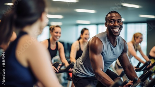 A joyful Black man participating in a spinning class at a gym, surrounded by smiling classmates.