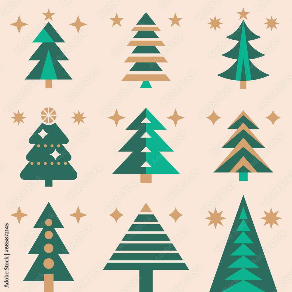 Christmas trees decorative seamless pattern. Happy new year creative ornament background. Spruce pine trees simple flat icons set. Graphic design. Vector illustration. 