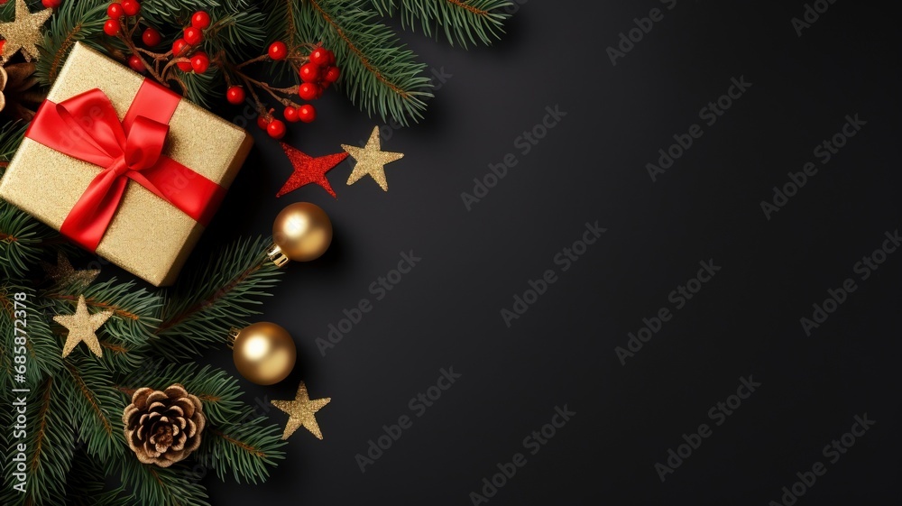 Christmas dark black background with beautiful texture and Golden gift box with red ribbon, fir branches, cones, Christmas tree toys stars with generative ai Christmas dark black background with beautiful texture and Golden gift box with red ribbon, fir branches, cones, Christmas tree toys stars with generative ai