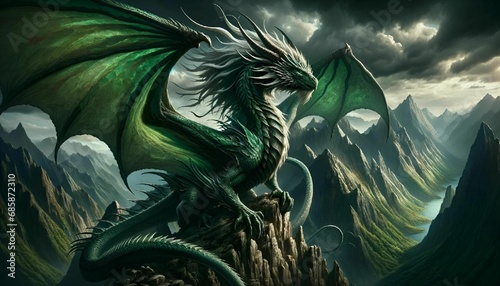 AI generated illustration of  an emerald dragon perched atop a mountain