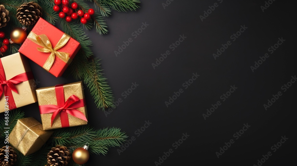 Christmas dark black background with beautiful texture and Golden gift box with red ribbon, fir branches, cones, Christmas tree toys stars with generative ai Christmas dark black background with beautiful texture and Golden gift box with red ribbon, fir branches, cones, Christmas tree toys stars with generative ai