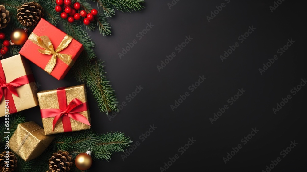 Christmas dark black background with beautiful texture and Golden gift box with red ribbon, fir branches, cones, Christmas tree toys stars with generative ai