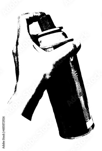 Hand holding spray paint can. Graffiti street art concept. Grunge texture, stamp, retro photocopy stippling effect. Vector illustration isolated on transparent background