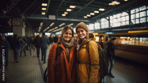 two young women in scarves, smiling in public setting; camaraderie, lively atmosphere, dynamic and engaging scene. fictional location