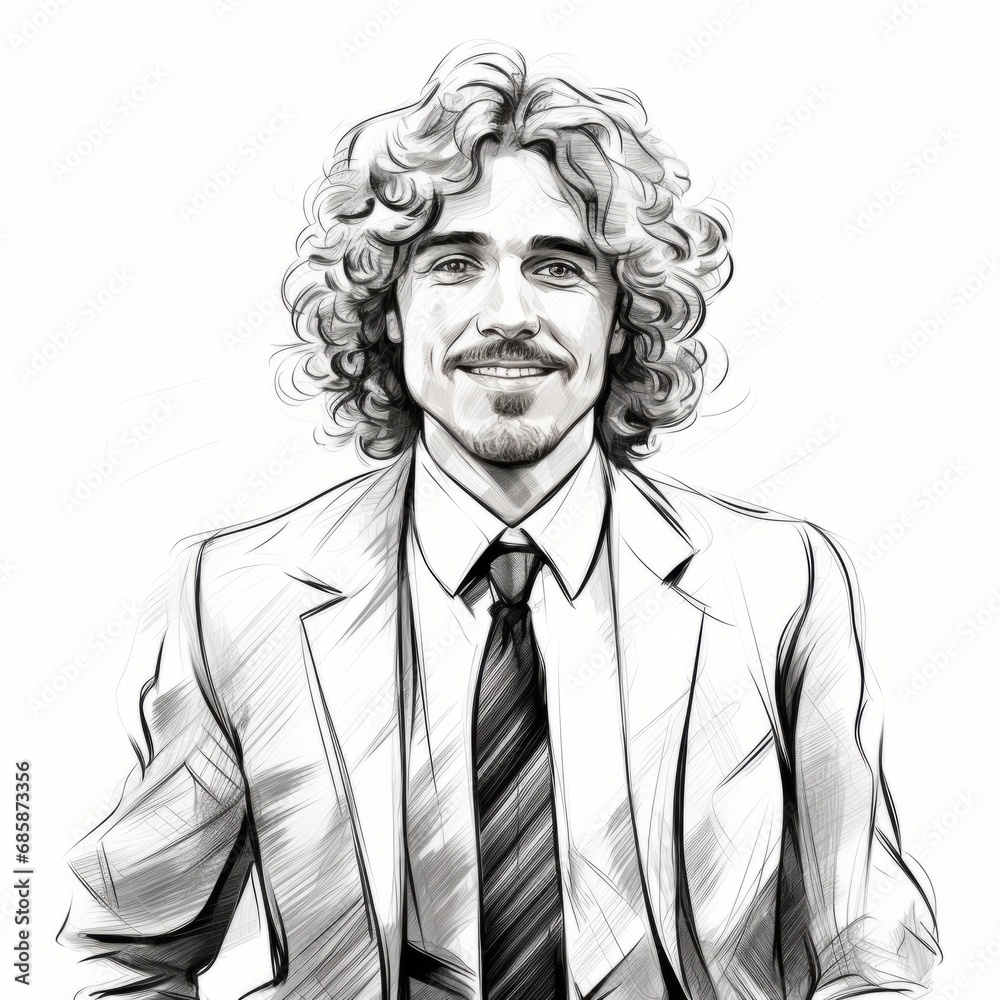 Smiling Adult White Man with Blond Curly Hair Sketch Illustration. Portrait of a Business person isolated on white background. Creative Doodle Drawing. Ai Generated Square Illustration. Smiling Adult White Man with Blond Curly Hair Sketch Illustration. Portrait of a Business person isolated on white background. Creative Doodle Drawing. Ai Generated Square Illustration.