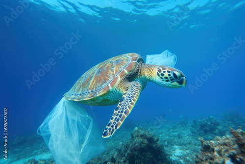 Sea turtle with garbage in the ocean. Pollution of nature concept.