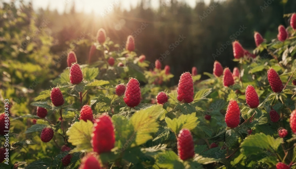 a field full of red raspberries with the sun shining through the trees in the backgrouds of the trees in the backgroud of the picture. a field full of red raspberries with the sun shining through the trees in the backgrouds of the trees in the backgroud of the picture.