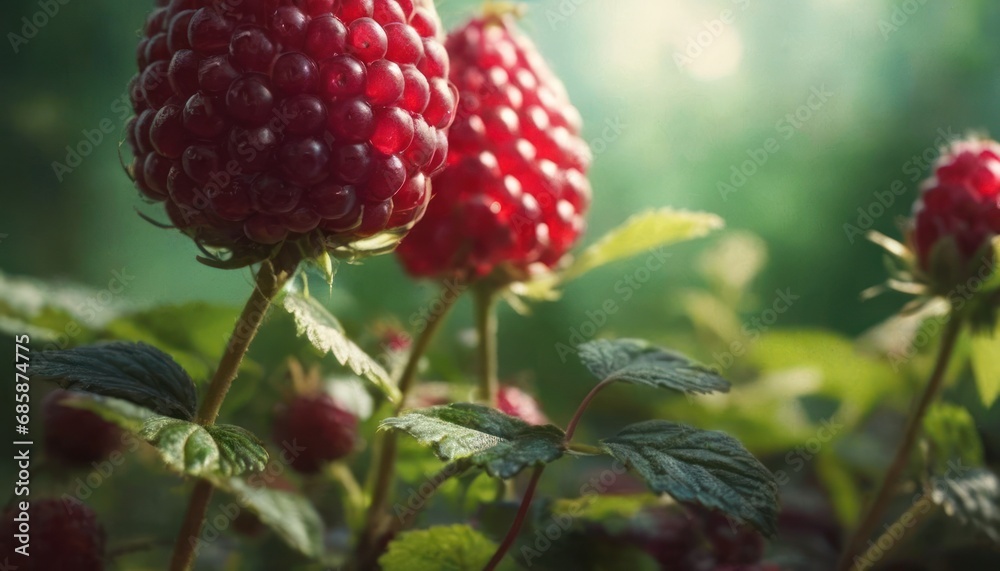a close up of a bunch of raspberries on a plant with green leaves and sunlight shining through the leaves and the background is blurry in the foreground. a close up of a bunch of raspberries on a plant with green leaves and sunlight shining through the leaves and the background is blurry in the foreground.