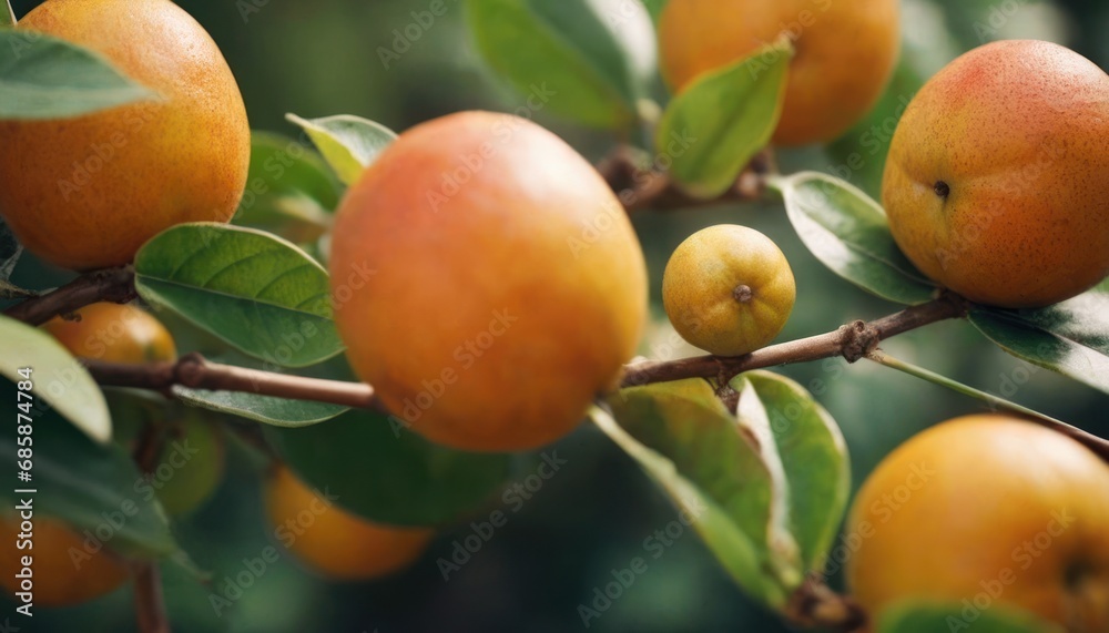 a close up of oranges on a tree branch with leaves and fruit in the middle of the branch, with a blurry background of green leaves and oranges in the foreground. a close up of oranges on a tree branch with leaves and fruit in the middle of the branch, with a blurry background of green leaves and oranges in the foreground.