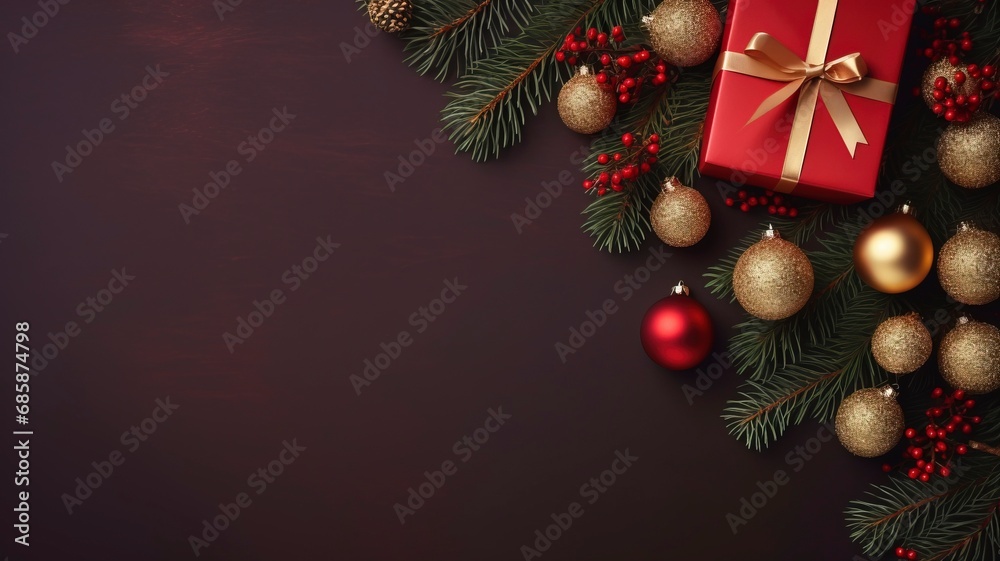 Christmas dark black background with beautiful texture and Golden gift box with red ribbon, fir branches, cones, Christmas tree toys stars with generative ai Christmas dark black background with beautiful texture and Golden gift box with red ribbon, fir branches, cones, Christmas tree toys stars with generative ai