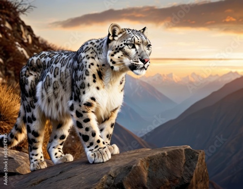  a white and black snow leopard standing on a rock in front of a mountain range with a sunset in the background and clouds in the sky over the mountain range.