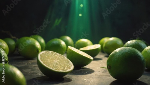  a group of limes sitting on top of a counter next to limes on a table with one lime cut in half and a whole lime in the middle.
