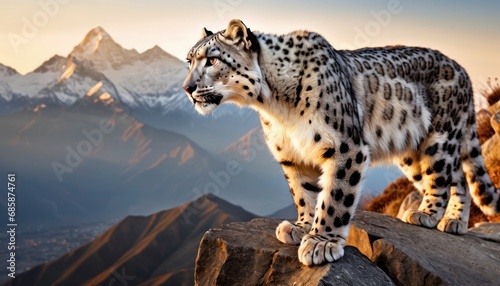  a snow leopard standing on top of a large rock in front of a mountain range with a mountain range in the background and snow covered mountains in the foreground. © Jevjenijs