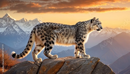  a snow leopard standing on top of a rock in front of a mountain range with snow covered mountains in the background and a sky filled with orange and white clouds.