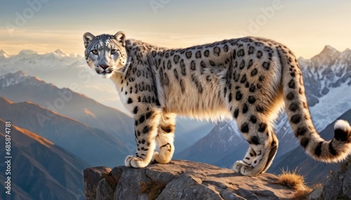  a snow leopard standing on a rock in front of a mountain range with snowcapped mountains in the background and a sky filled with clouds in the foreground. © Jevjenijs