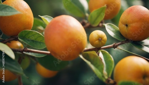  a close up of oranges on a tree branch with leaves and fruit in the middle of the branch, with a blurry background of green leaves and oranges in the foreground.