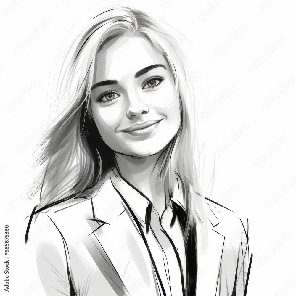 Smiling Teen White Woman with Blond Straight Hair Sketch Illustration. Portrait of a Business person isolated on white background. Creative Doodle Drawing. Ai Generated Square Illustration. Smiling Teen White Woman with Blond Straight Hair Sketch Illustration. Portrait of a Business person isolated on white background. Creative Doodle Drawing. Ai Generated Square Illustration.