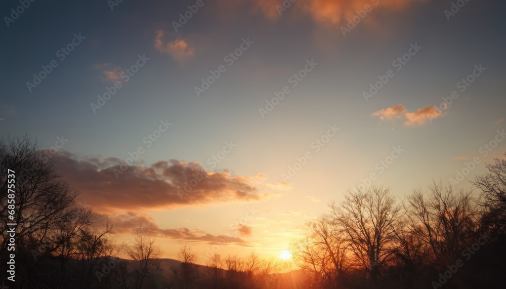  the sun is setting in the sky over the trees in front of a hill with a few trees in the foreground and a few clouds in the foreground.