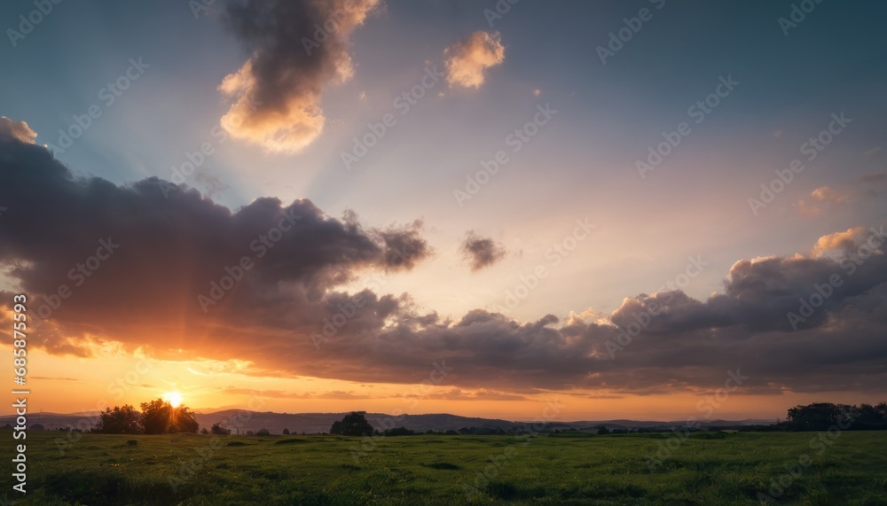  the sun is setting over a field with a horse in the foreground and some clouds in the sky over the grass and trees on the other side of the field.