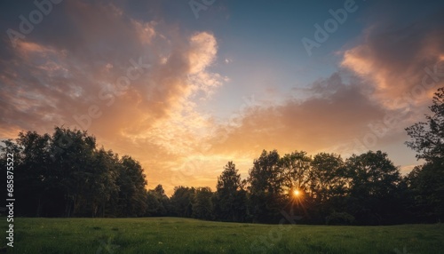  the sun is setting over a field with trees in the foreground and a few clouds in the sky over a field with grass and trees in the foreground.