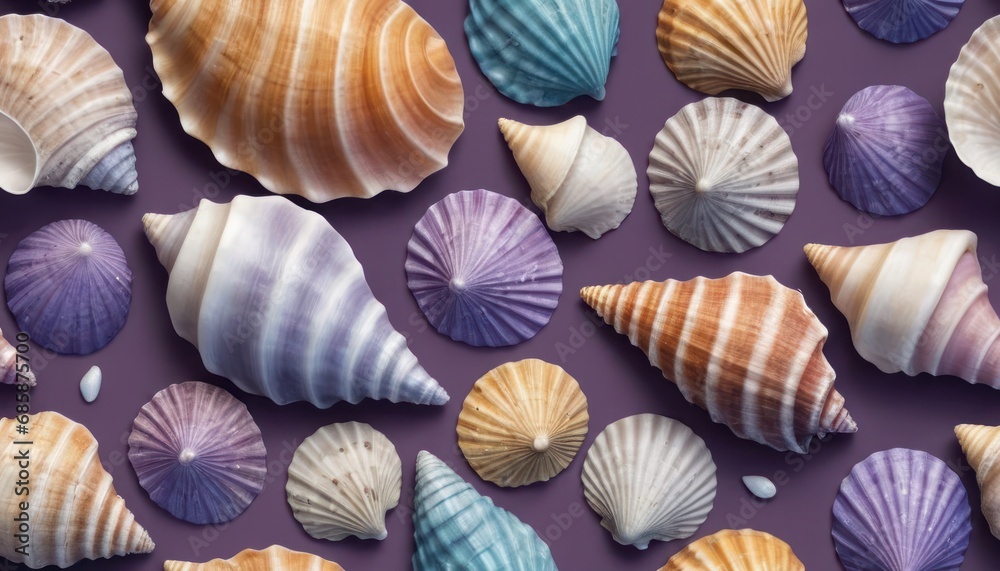 a bunch of seashells on a purple background with a white spot in the middle of the image and a purple spot in the middle of the photo to the bottom of the image. a bunch of seashells on a purple background with a white spot in the middle of the image and a purple spot in the middle of the photo to the bottom of the image.