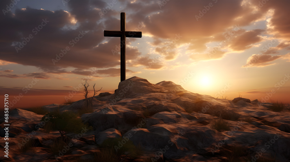 A solitary cross standing on a hilltop against a dramatic sunset.