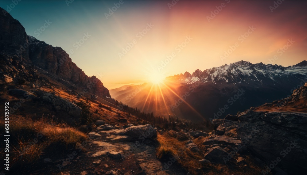  the sun is setting over the mountains with a trail in the foreground and grass in the foreground, and rocks in the foreground, and grass in the foreground.