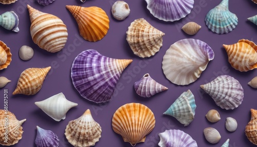  a bunch of seashells on a purple background with a purple background with a purple background and a purple background with a bunch of seashells on it.