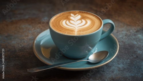  a cup of cappuccino with a spoon and spoon rest on a saucer with a leaf design on the top of the cappucciccino.