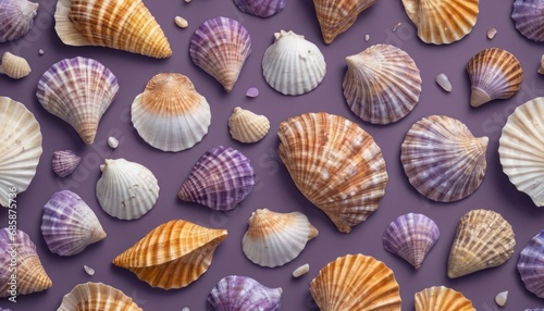  a group of seashells on a purple background with a light reflection in the middle of the image and the bottom half of the shells in the middle of the frame.