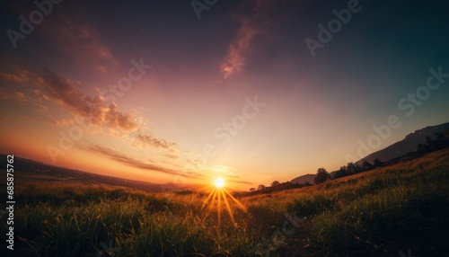  the sun is setting in the sky over a grassy field with a hill in the distance in the distance is a field of grass and a hill in the foreground is in the foreground. © Jevjenijs