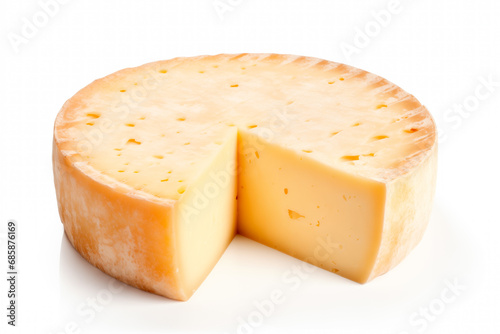 A closeup of a cheese with a slice taken away with holes like maasdam, emmental or cheddar as background