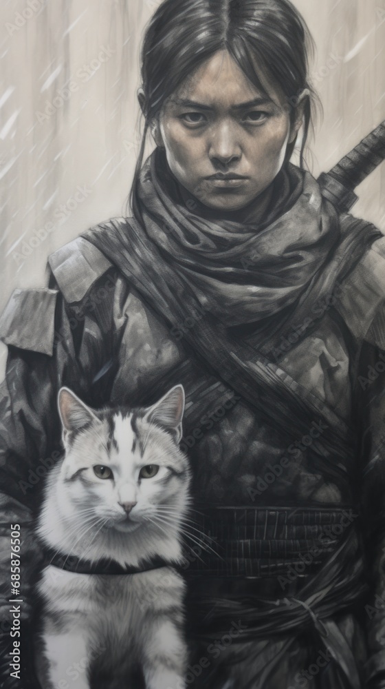 a drawing of a woman holding a sword with a cat sitting next to her in front of a picture of a woman with a sword and a cat in front of her. a drawing of a woman holding a sword with a cat sitting next to her in front of a picture of a woman with a sword and a cat in front of her.