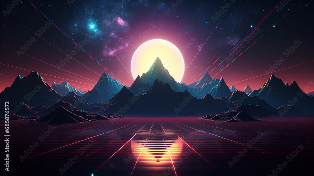 Futuristic background. Cyberpunk with mountains, sun and stars.