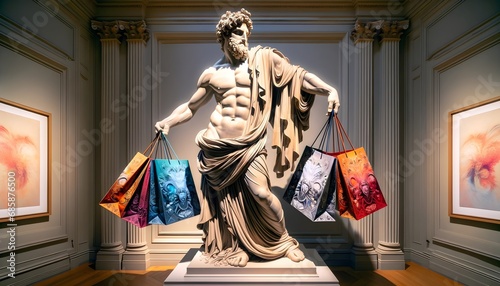 Greek statue with shopping bags in its hands, Big sales concept 