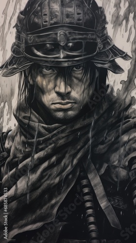  a drawing of a man wearing a fireman's helmet and holding a fire hose with flames coming out of the back of his head and wearing a scarf around his neck.