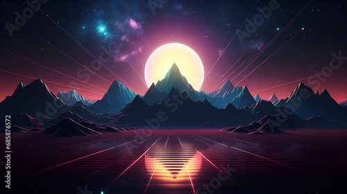 Futuristic background. Cyberpunk with mountains, sun and stars.